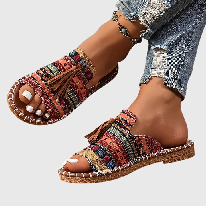 Women's Boho Fringe Slide Sandals – Tribal Print Open Toe Summer Flats