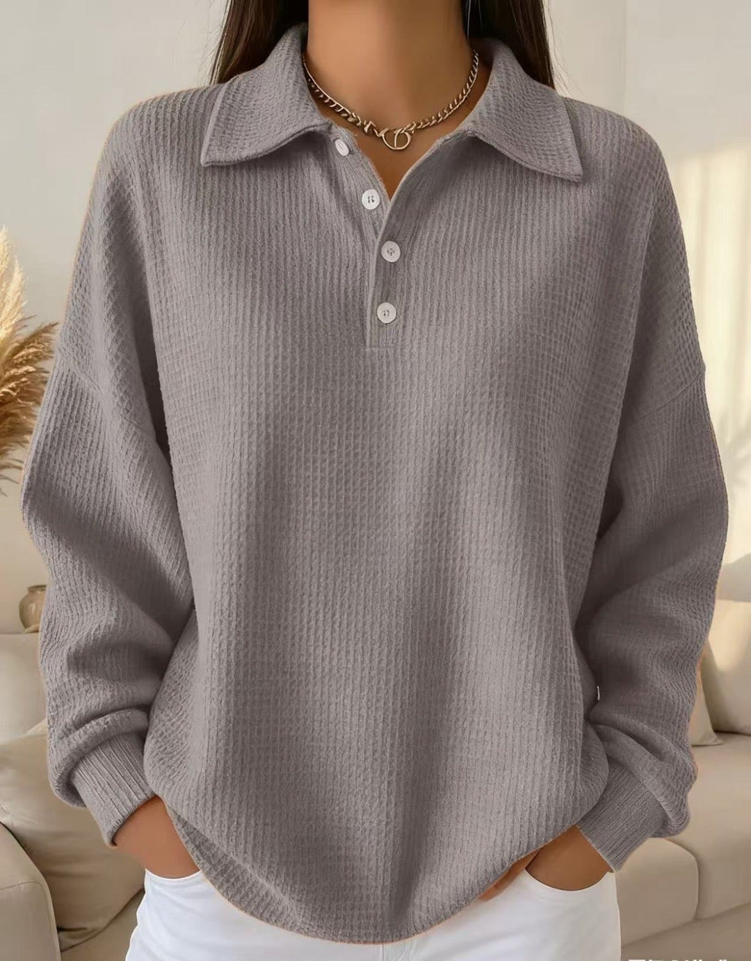Women's Oversized Waffle Knit Polo Sweater – Casual Button-Down Collared Pullover