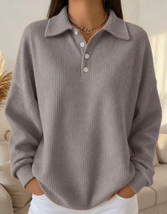 Women's Oversized Waffle Knit Polo Sweater – Casual Button-Down Collared Pullover