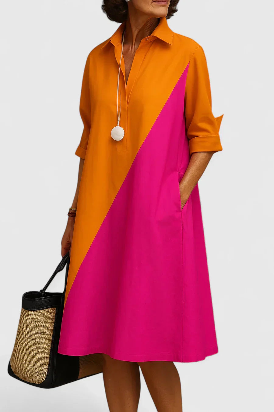Women’s Elegant Midi Dress with Color Block