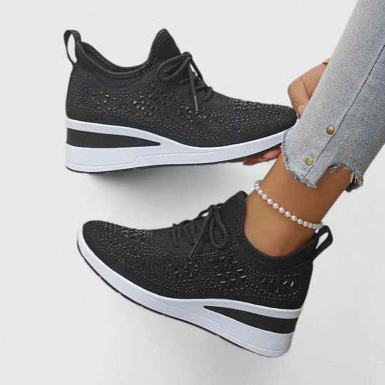 Women's Rhinestone Wedge Sneakers - Sparkly Bling Platform Walking Shoes