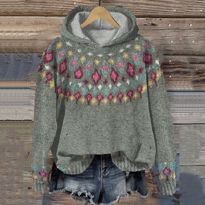 Women’s Comfortable Hoodie with Colorful Jacquard Pattern