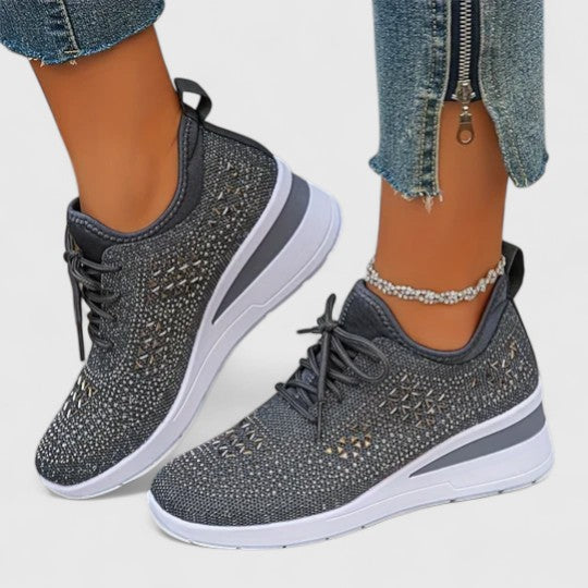Women's Rhinestone Wedge Sneakers - Sparkly Bling Platform Walking Shoes