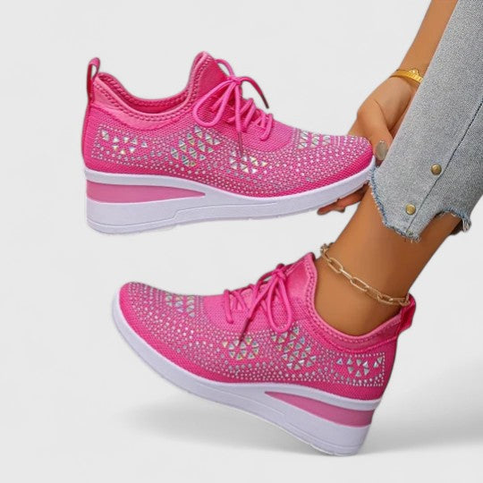 Women's Rhinestone Wedge Sneakers - Sparkly Bling Platform Walking Shoes