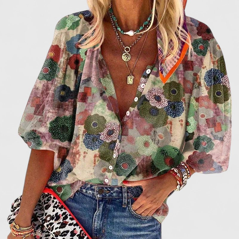 Women’s Floral Blouse -Flowing Fabric Button Down
