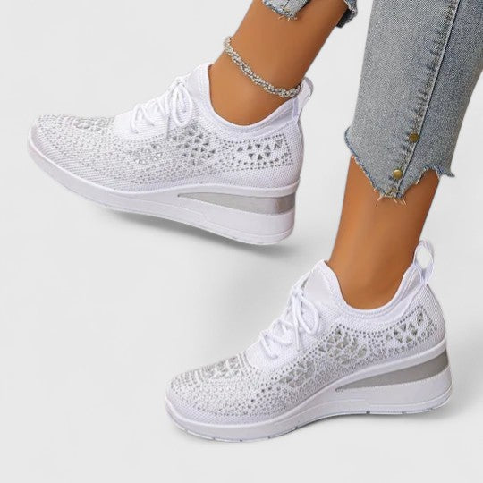 Women's Rhinestone Wedge Sneakers - Sparkly Bling Platform Walking Shoes