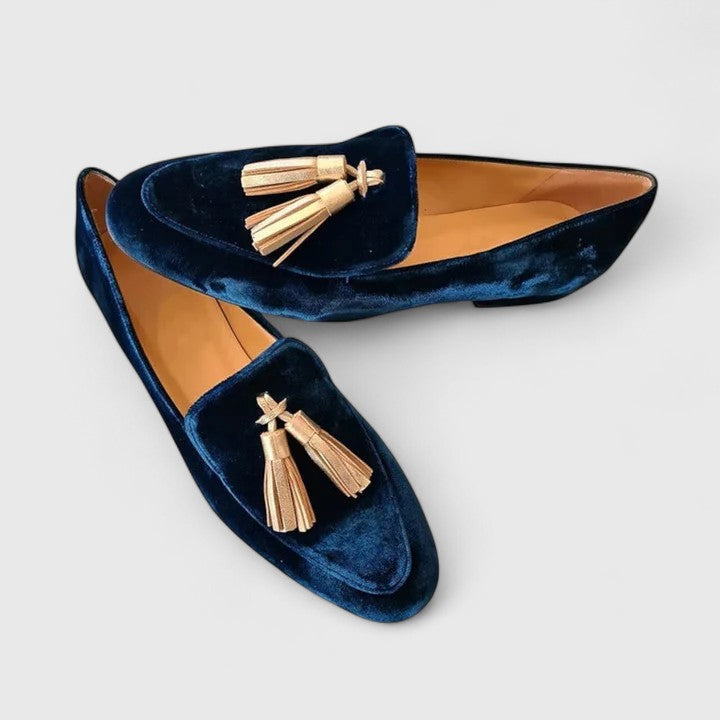 omen's Royal Blue Velvet Smoking Flats – Chic Dress Loafers with Tassels