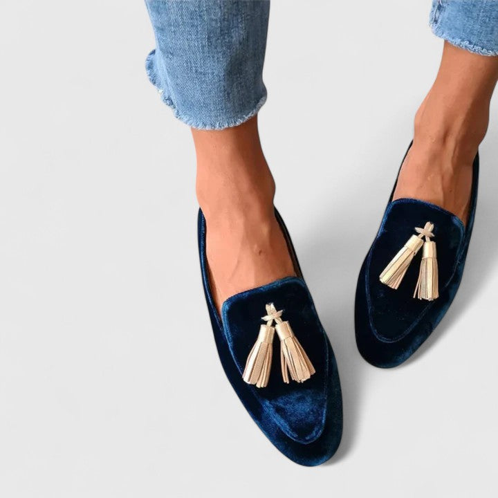 omen's Royal Blue Velvet Smoking Flats – Chic Dress Loafers with Tassels