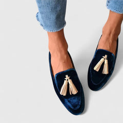 omen's Royal Blue Velvet Smoking Flats – Chic Dress Loafers with Tassels