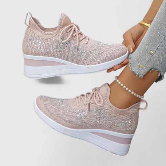 Women's Rhinestone Wedge Sneakers - Sparkly Bling Platform Walking Shoes