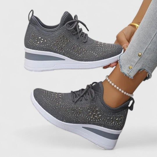 Women's Rhinestone Wedge Sneakers - Sparkly Bling Platform Walking Shoes