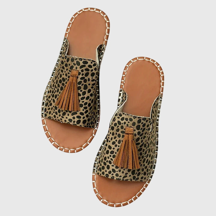 Women's Boho Fringe Slide Sandals – Tribal Print Open Toe Summer Flats