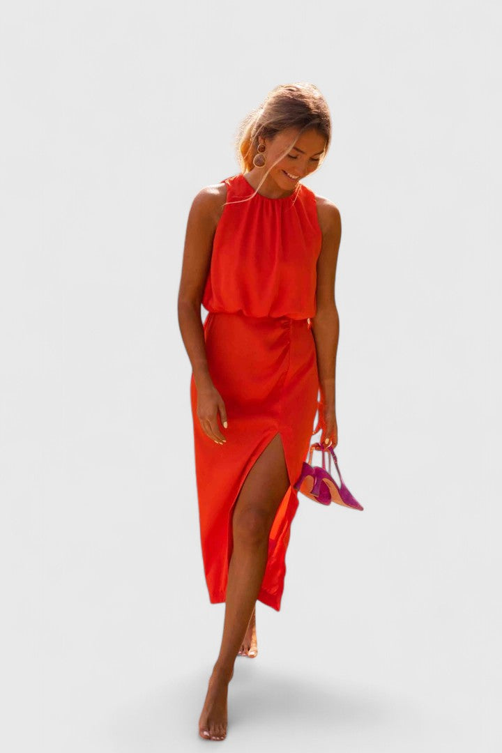 Women’s High-Neck Midi Dress with Slit