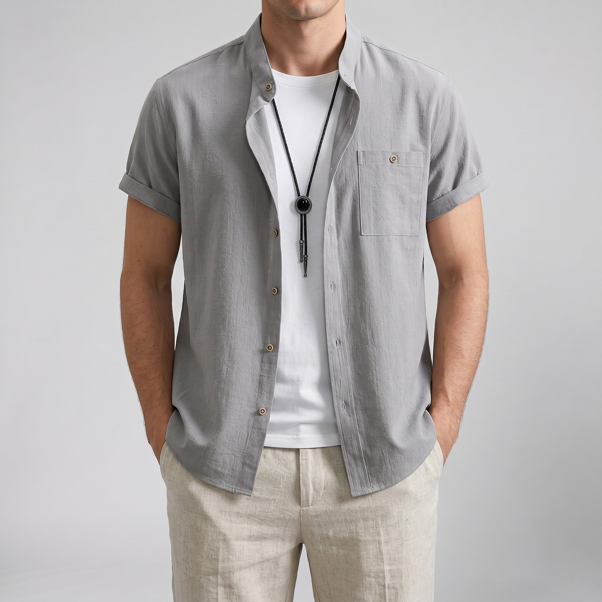 Men’s Linen Mandarin Collar Shirt | Olamil