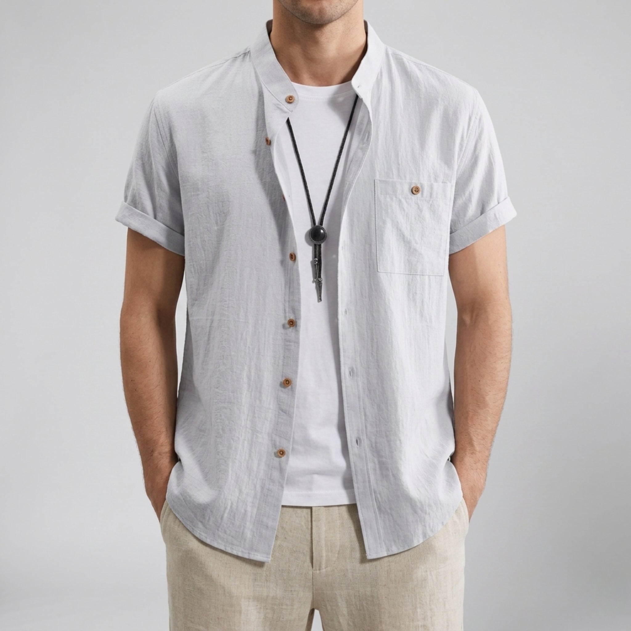 Men’s Linen Mandarin Collar Shirt | Olamil