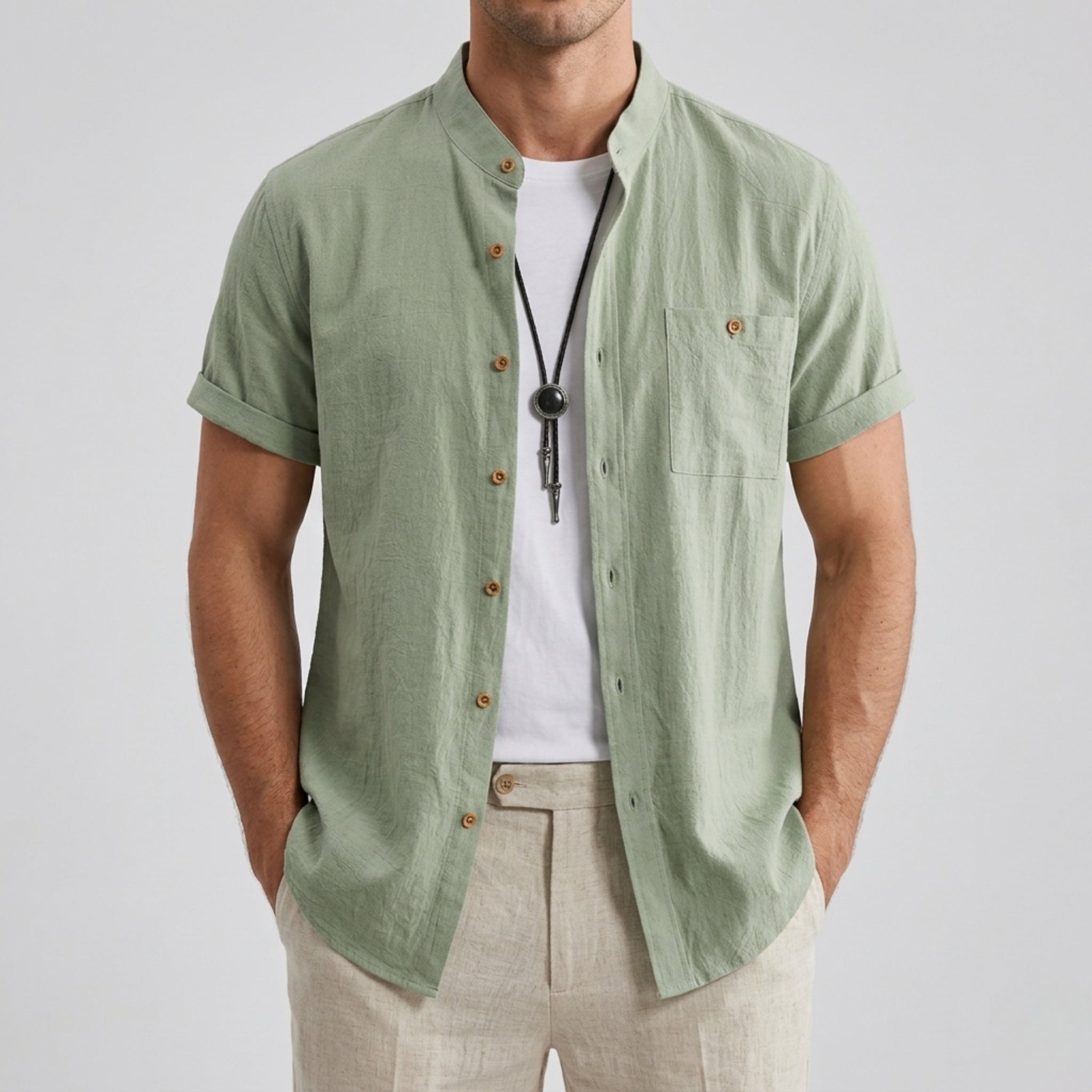 Men’s Linen Mandarin Collar Shirt | Olamil