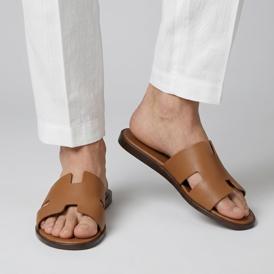 Men’s Tan H-Cut Out Slide Sandals | Olamil