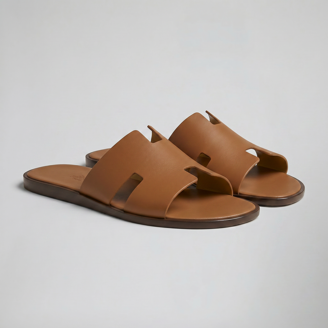 Men’s Tan H-Cut Out Slide Sandals | Olamil