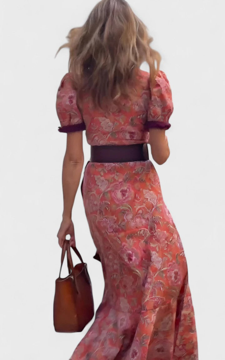 Women's Elegant Maxi Dress with Floral Border