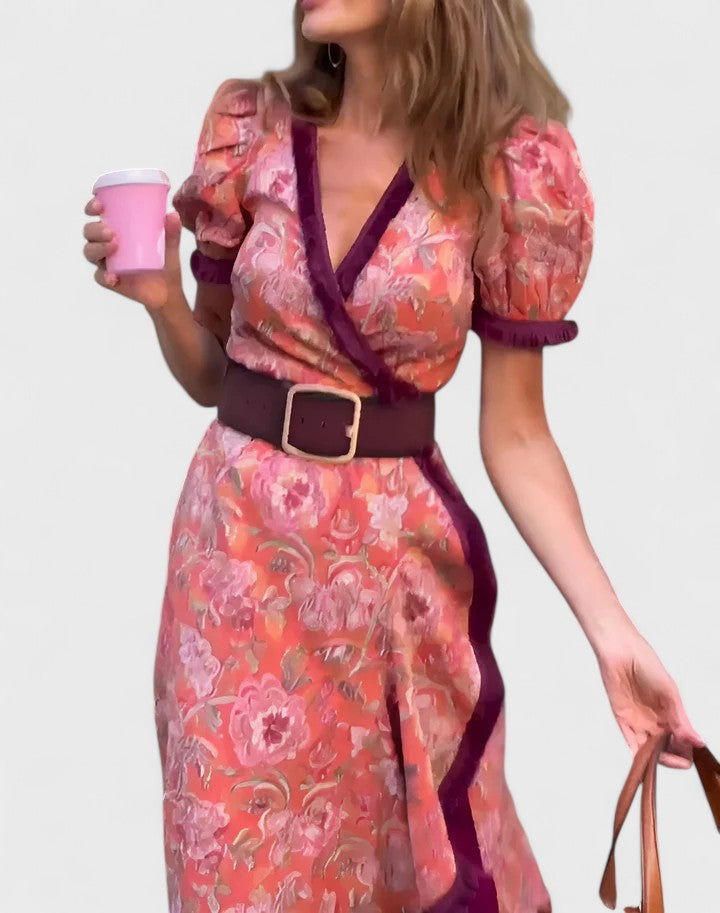 Women's Elegant Maxi Dress with Floral Border
