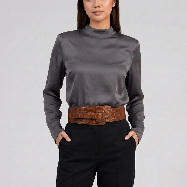 Women’s Croc-Texture Buckle Leather Belt | Olamil