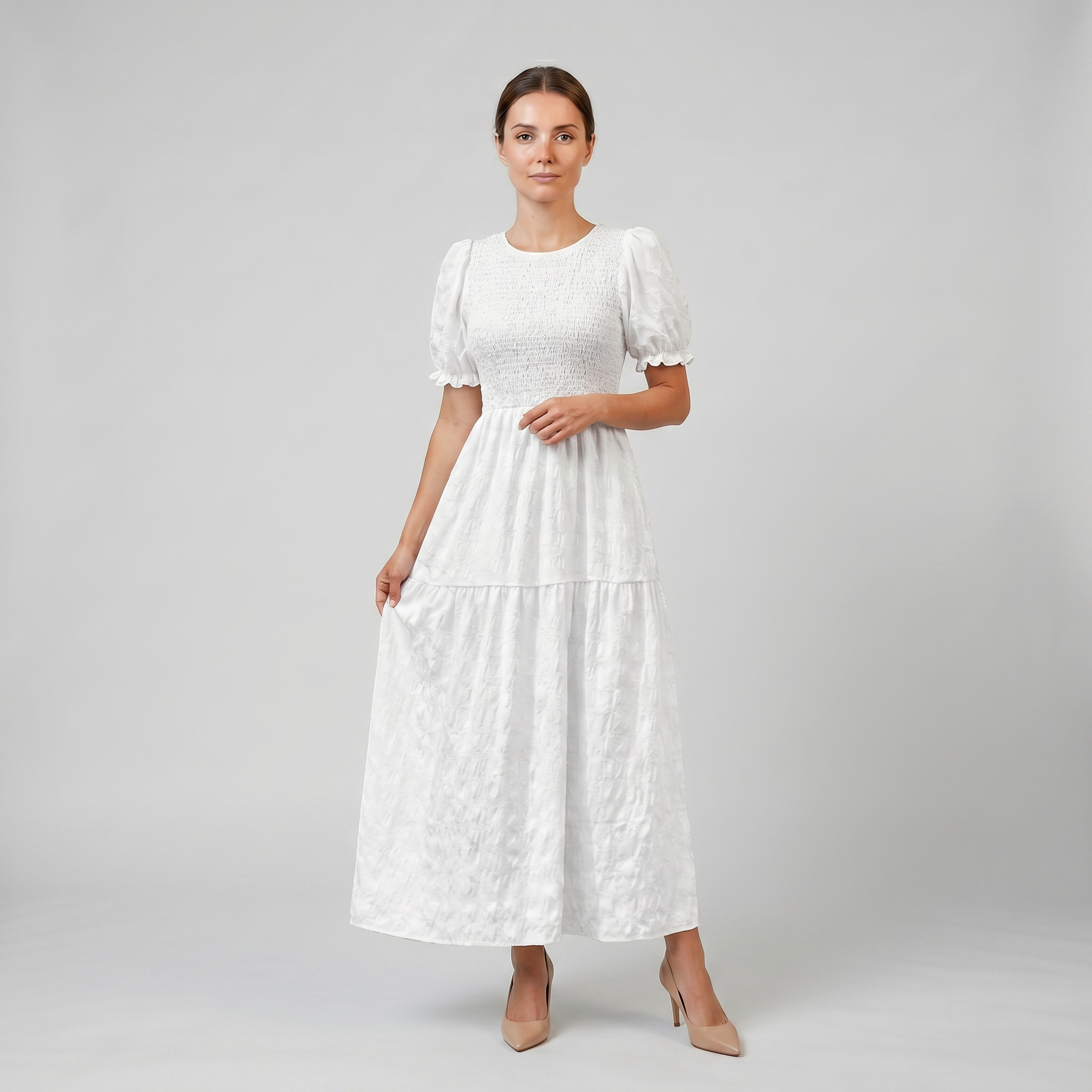 Women’s Smocked Puff Sleeve Midi Dress | Olamil