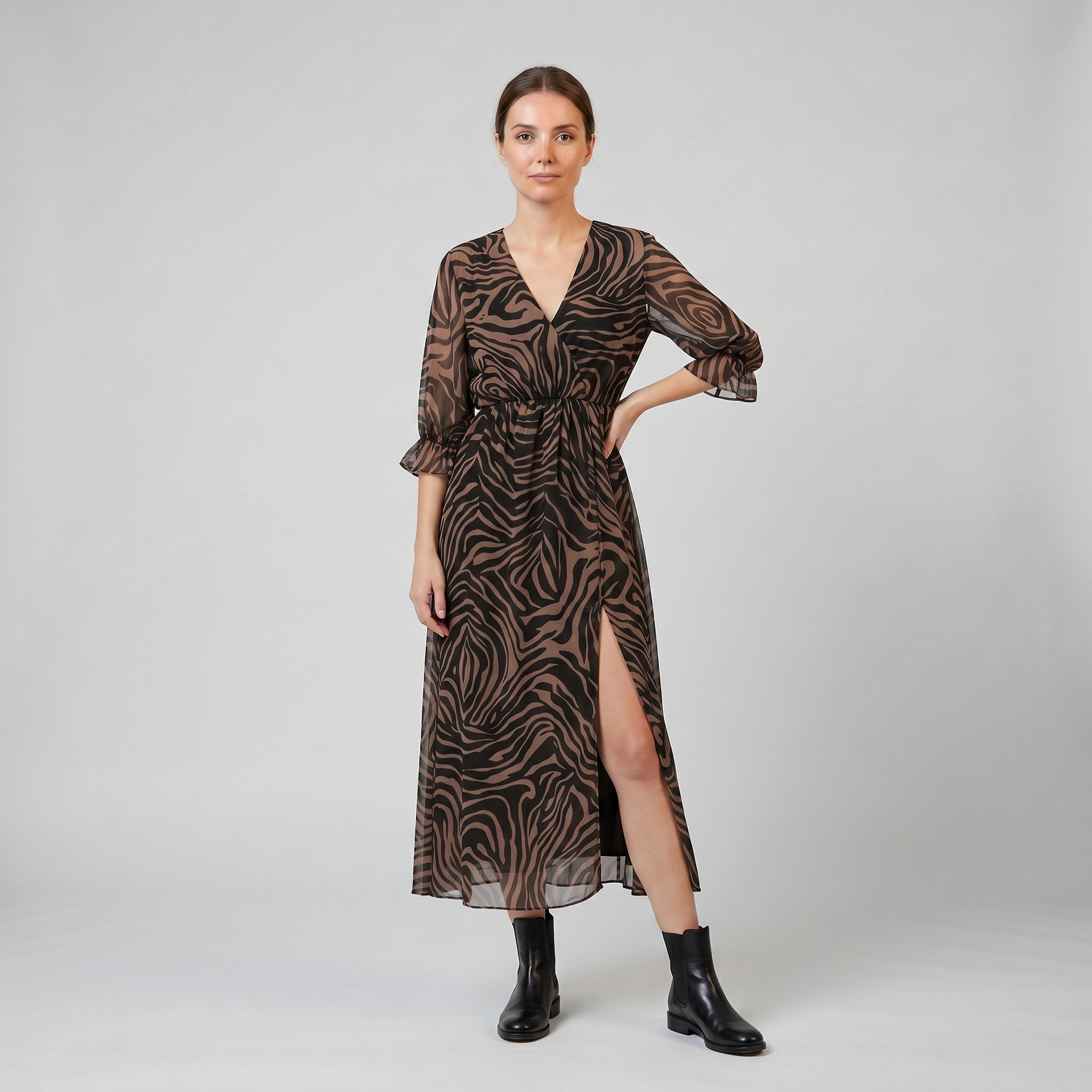 Olamil - Women’s V-Neck Print Midi Dress – Chiffon Wrap