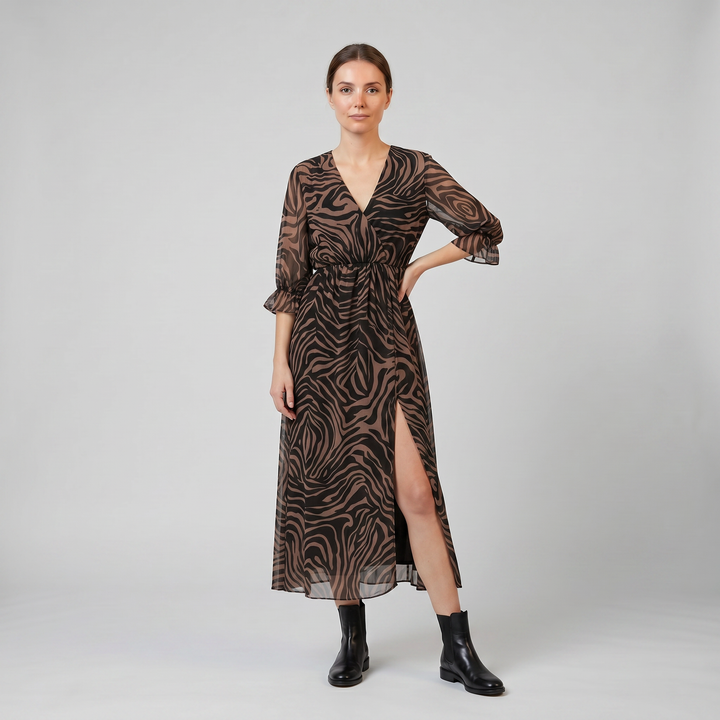Olamil - Women’s V-Neck Print Midi Dress – Chiffon Wrap