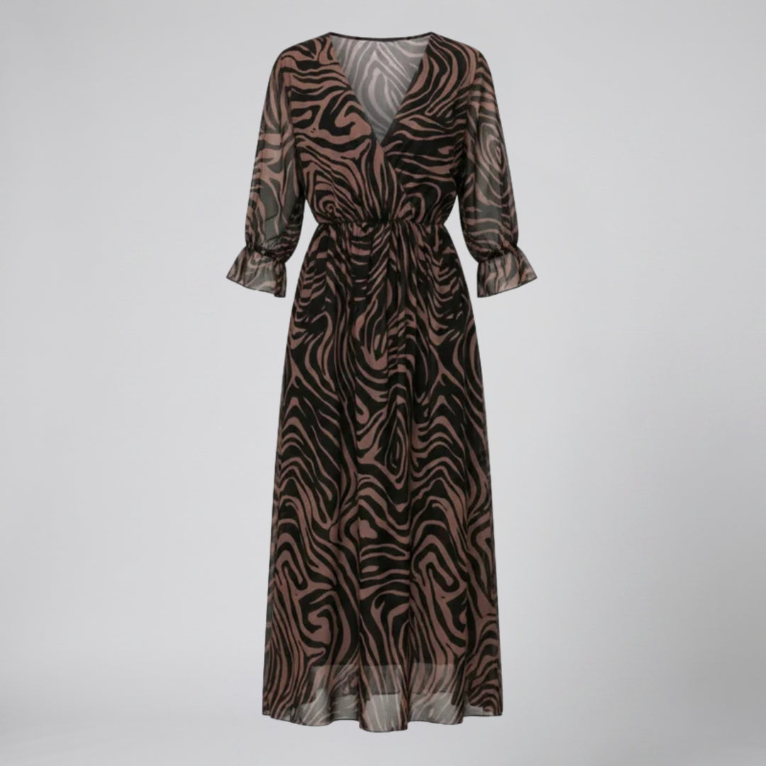 Olamil - Women’s V-Neck Print Midi Dress – Chiffon Wrap