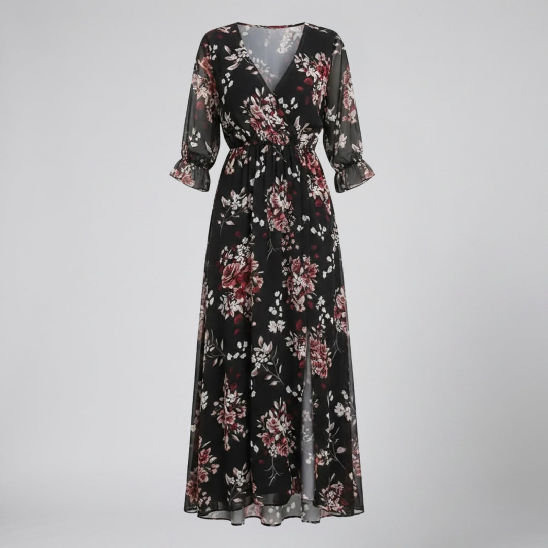 Olamil - Women’s V-Neck Print Midi Dress – Chiffon Wrap
