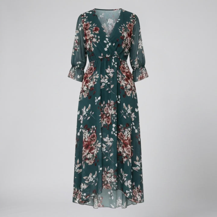 Olamil - Women’s V-Neck Print Midi Dress – Chiffon Wrap